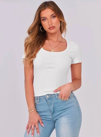 This flattering scoop-neck top is a must-have for women who love simple yet stylish fashion. Its fitted silhouette pairs beautifully with high-waisted jeans, skirts, or shorts, making it a versatile choice for any occasion.