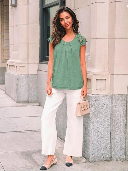 AUTOMET Lace Pleated Blouse   Add effortless elegance to your wardrobe with this lace-sleeve blouse from AUTOMET. Featuring delicate lace details and a flattering pleated front, this lightweight top offers all-day comfort and timeless style. Perfect for work, brunch, or casual outings, it pairs beautifully with jeans, skirts, or tailored pants.