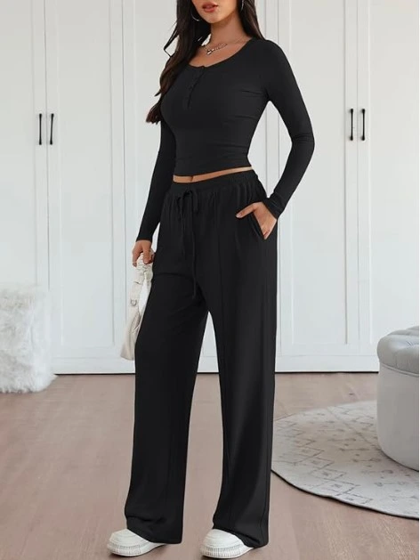 Women's black ribbed crop top and wide leg pants two piece lounge set