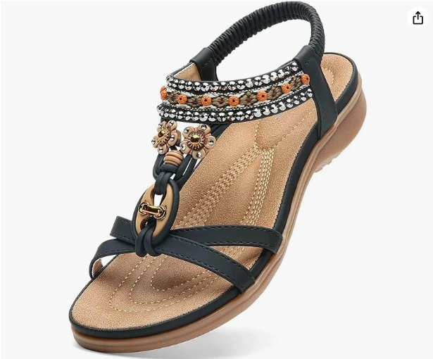 Here's why you'll love it: Multi-layered beaded straps with floral metal charms Cushioned footbed for all-day wear Elastic slingback for a secure fit Sleek black — matches everything From beach days to outdoor dinners, this sandal does it all effortlessly. Selling fast — grab yours before it's gone!