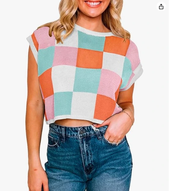 The colorblock checkered crop sweater top in pink, mint, orange, and white is your new go-to for casual-cute outfits all season long. The fitted knit fabric, cap sleeves, and cropped length make it perfect for pairing with high-waisted jeans — just like the model is wearing here. It has a fun retro-inspired vibe that works perfectly for Pinterest-worthy looks. It's the kind of top that makes a plain outfit look intentional and stylish. Why you'll love it: Bold colorblock checkered pattern stands out instantly Cropped length pairs perfectly with high-waist bottoms Soft knit fabric that's comfortable all day Unique enough to spark conversations Shop On Amazon